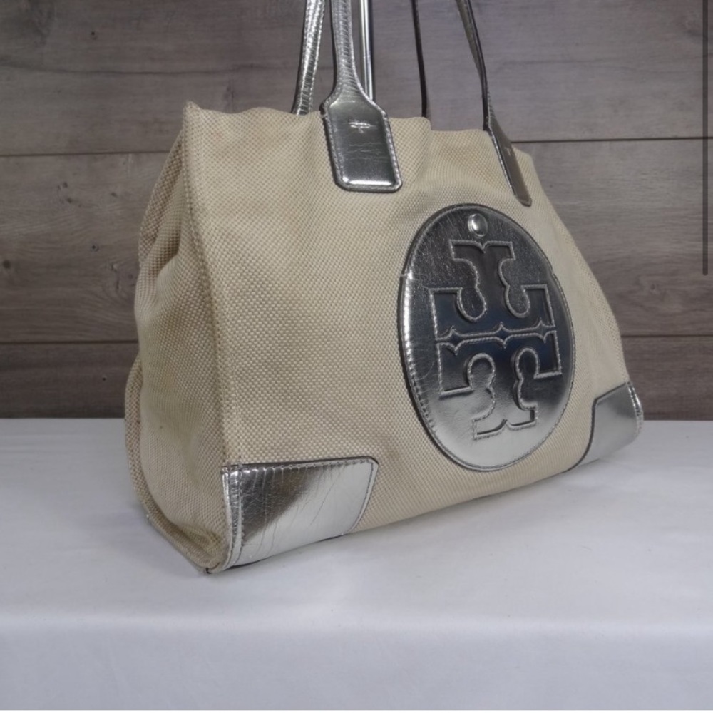 Tory Burch Small Ella Natural Canvas Silver Leather Trim Tote Bag Purse - Picture 2 of 8
